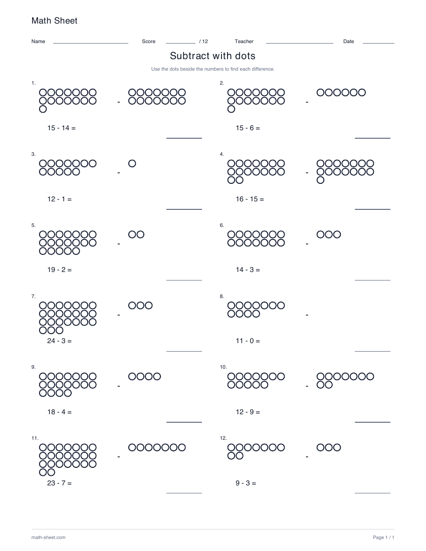 Printable subtract with dots worksheet preview