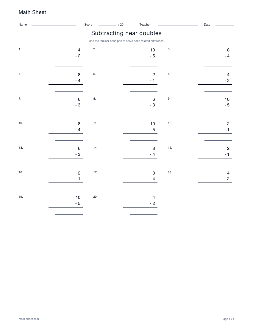 Printable subtract with doubles and near doubles worksheet preview