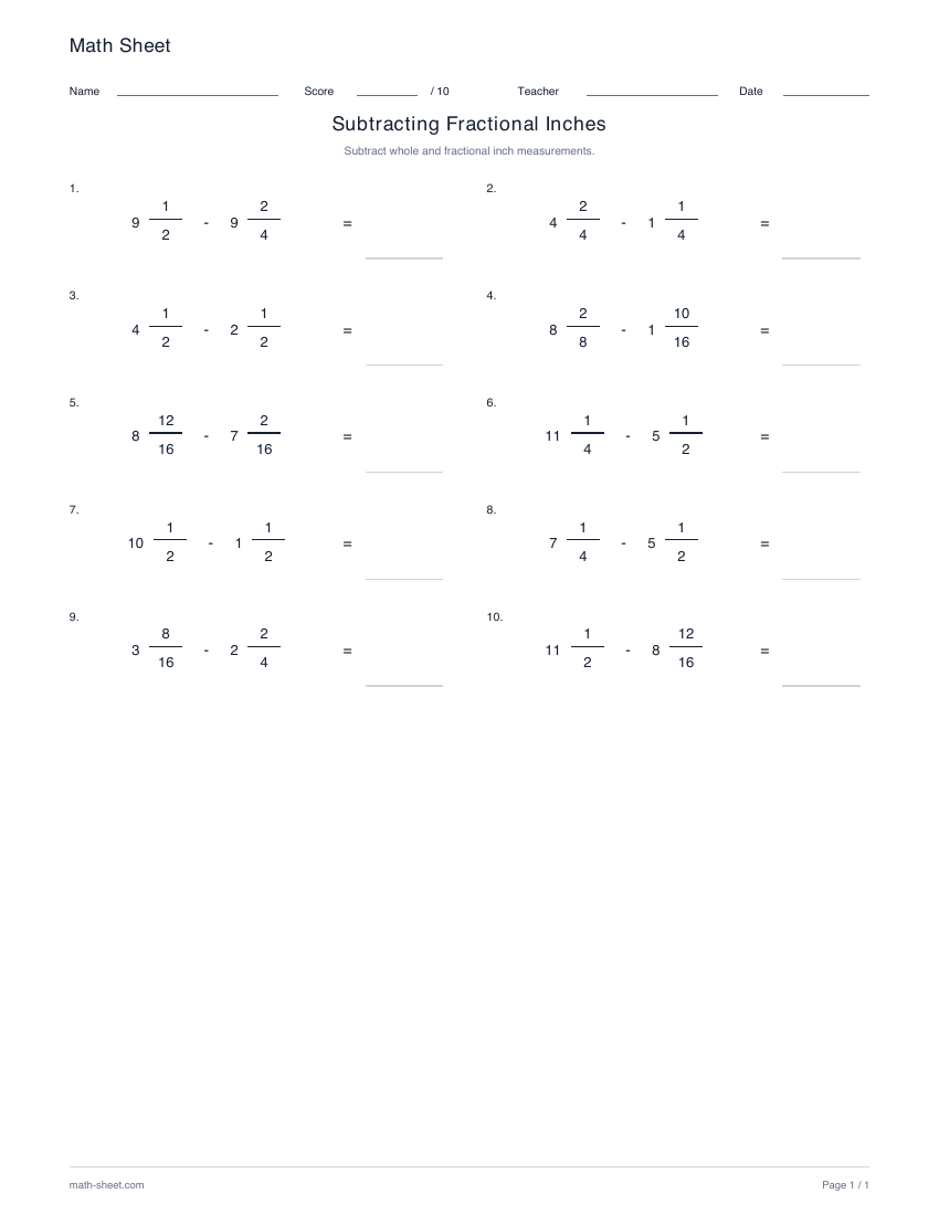Printable subtract whole and fractional inches worksheet preview