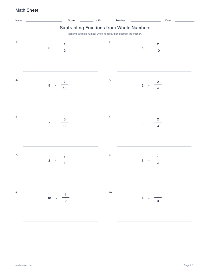 Printable subtract fractions from whole numbers worksheet preview