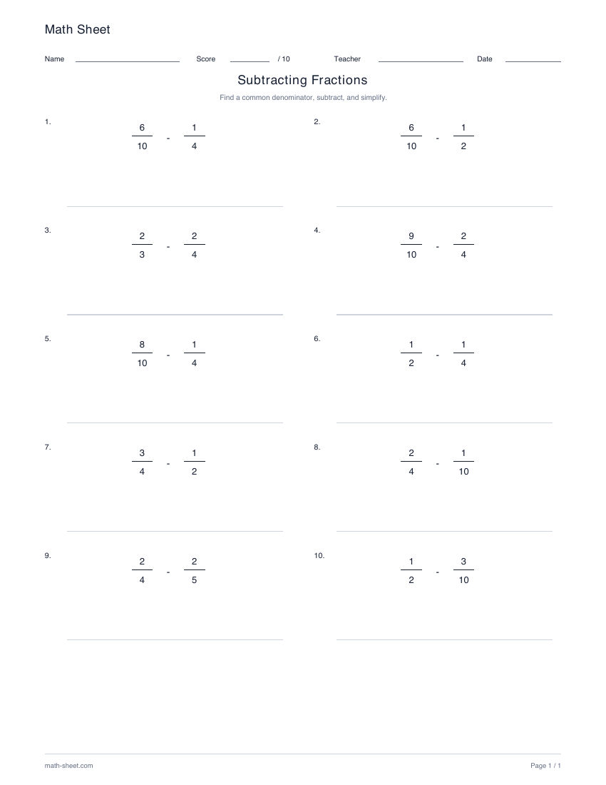 Printable subtract fractions with common denominators worksheet preview
