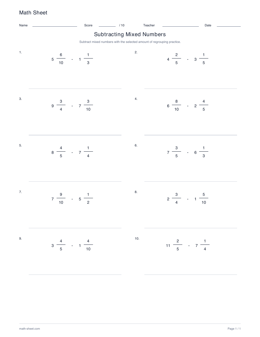 Printable subtract mixed numbers worksheet preview