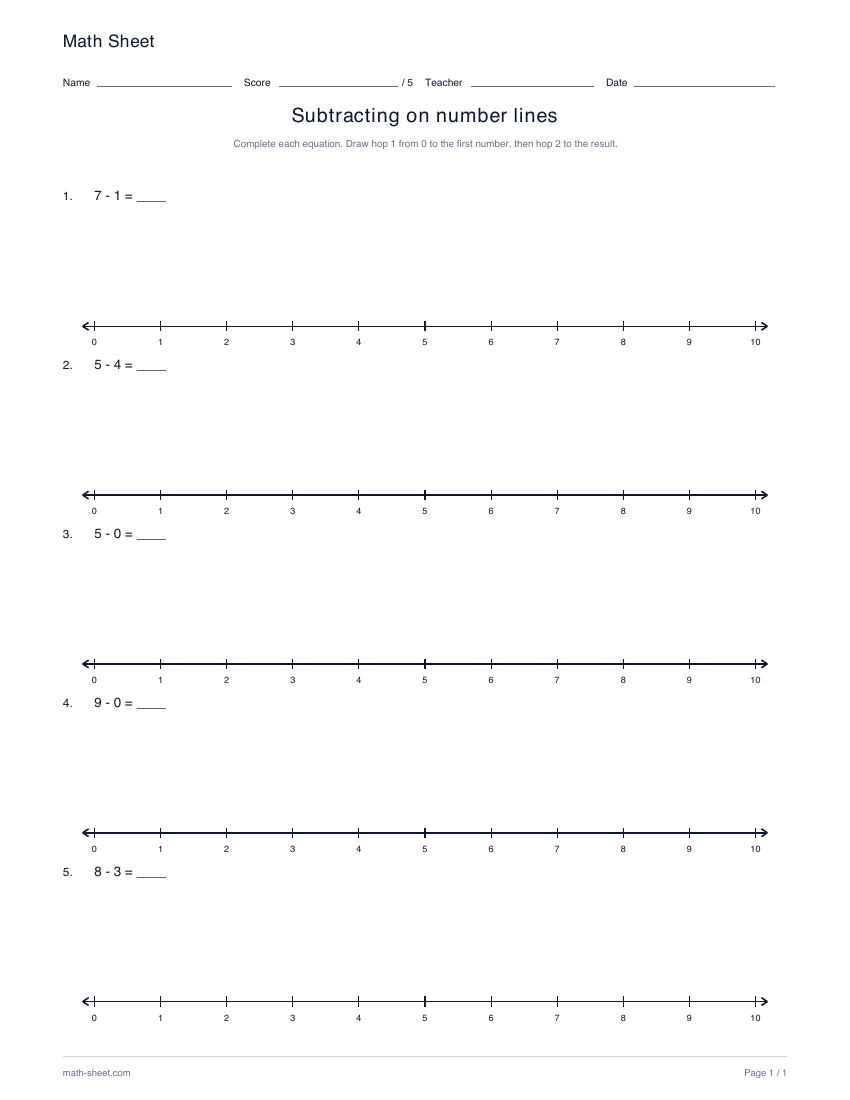 Printable subtracting on number lines worksheet preview
