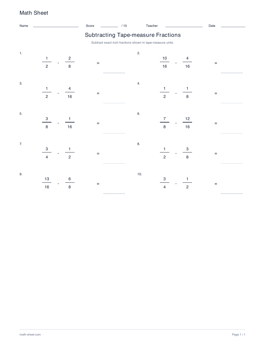 Printable subtract tape-measure fractions worksheet preview