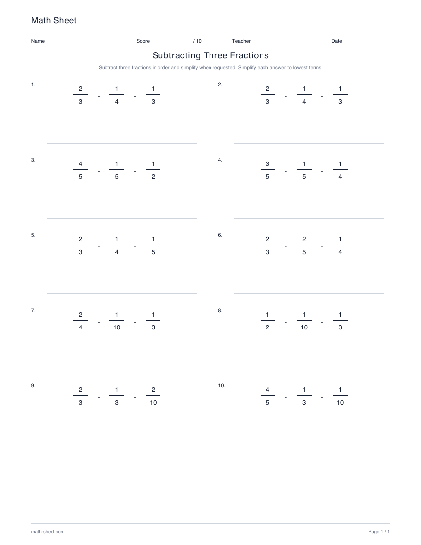 Printable subtract three fractions worksheet preview
