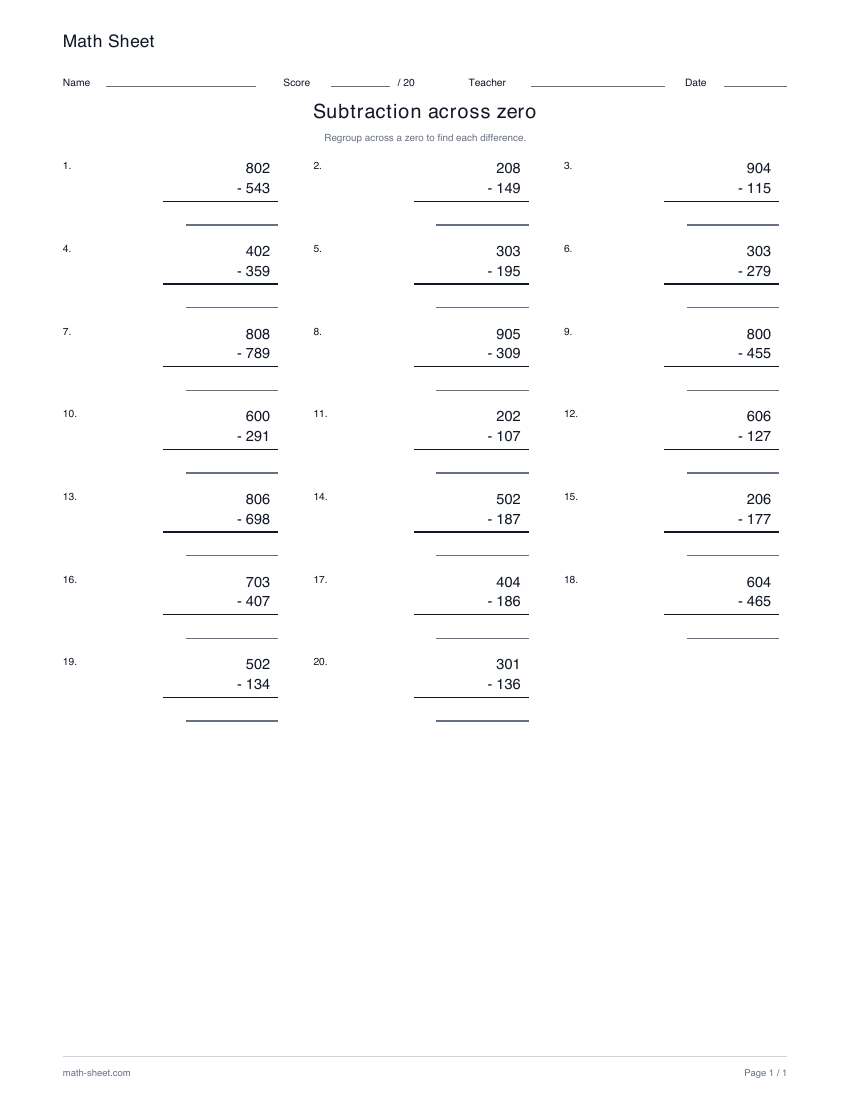 Printable subtraction across zero worksheet preview