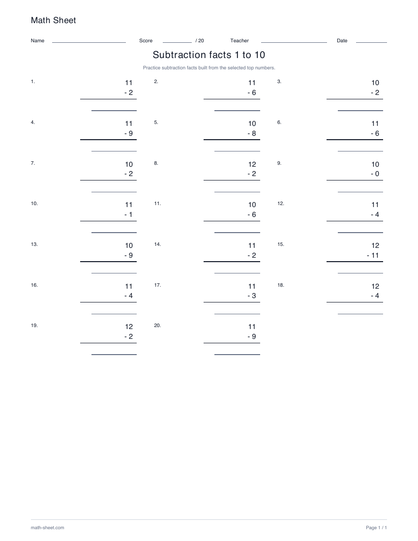 Printable subtraction facts with answers 1 to 10 worksheet preview