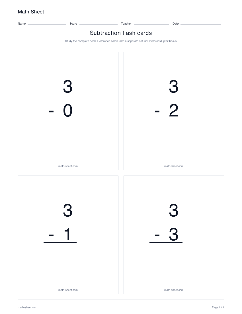 Printable subtraction flash cards worksheet preview