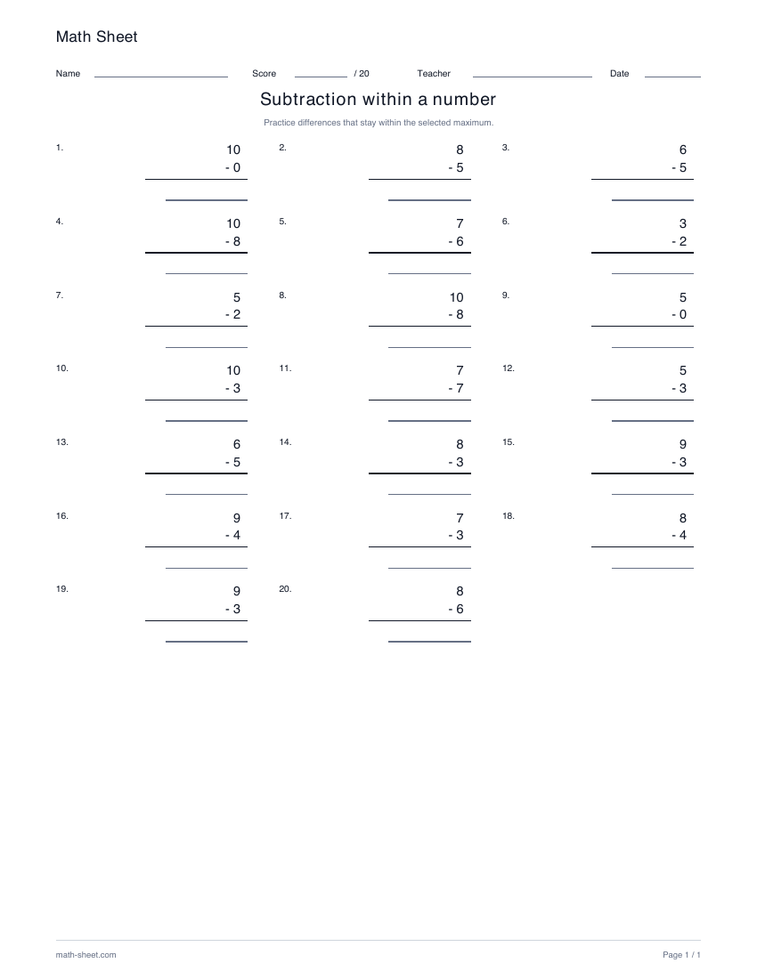 Printable subtraction within a chosen number worksheet preview