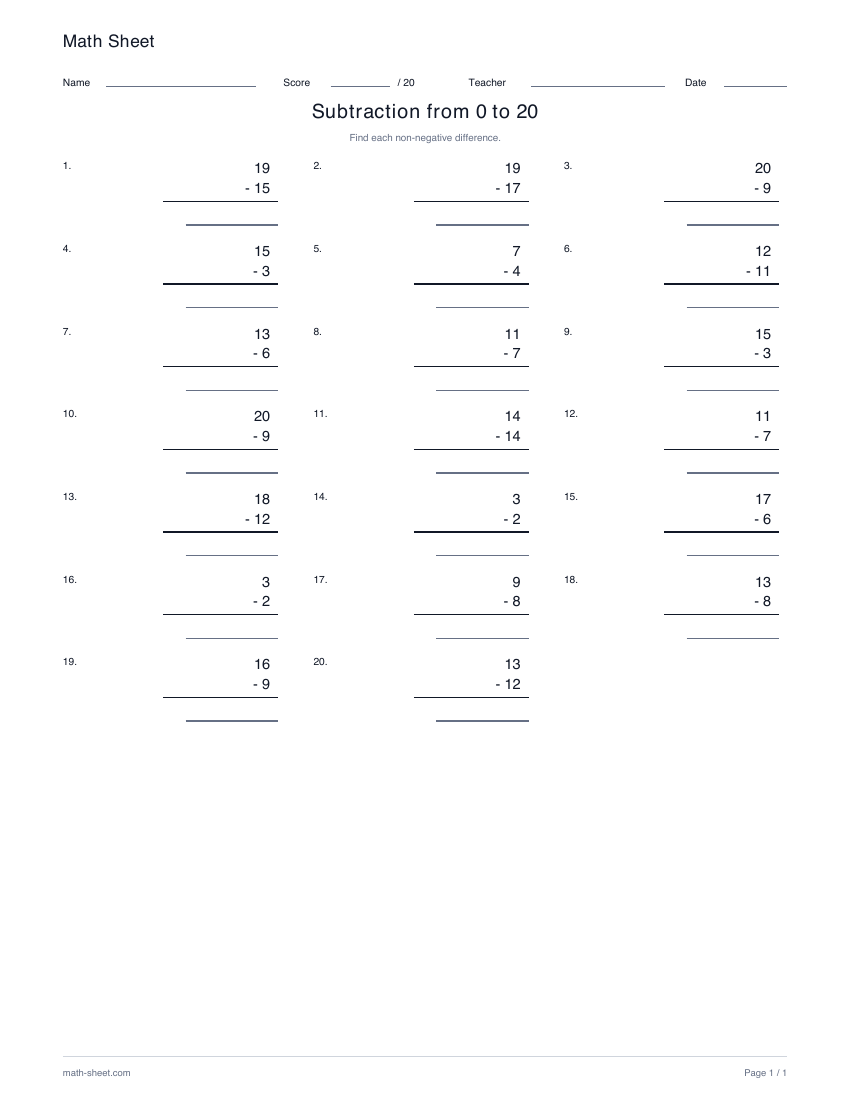 Printable subtraction from 0 to 20 worksheet preview