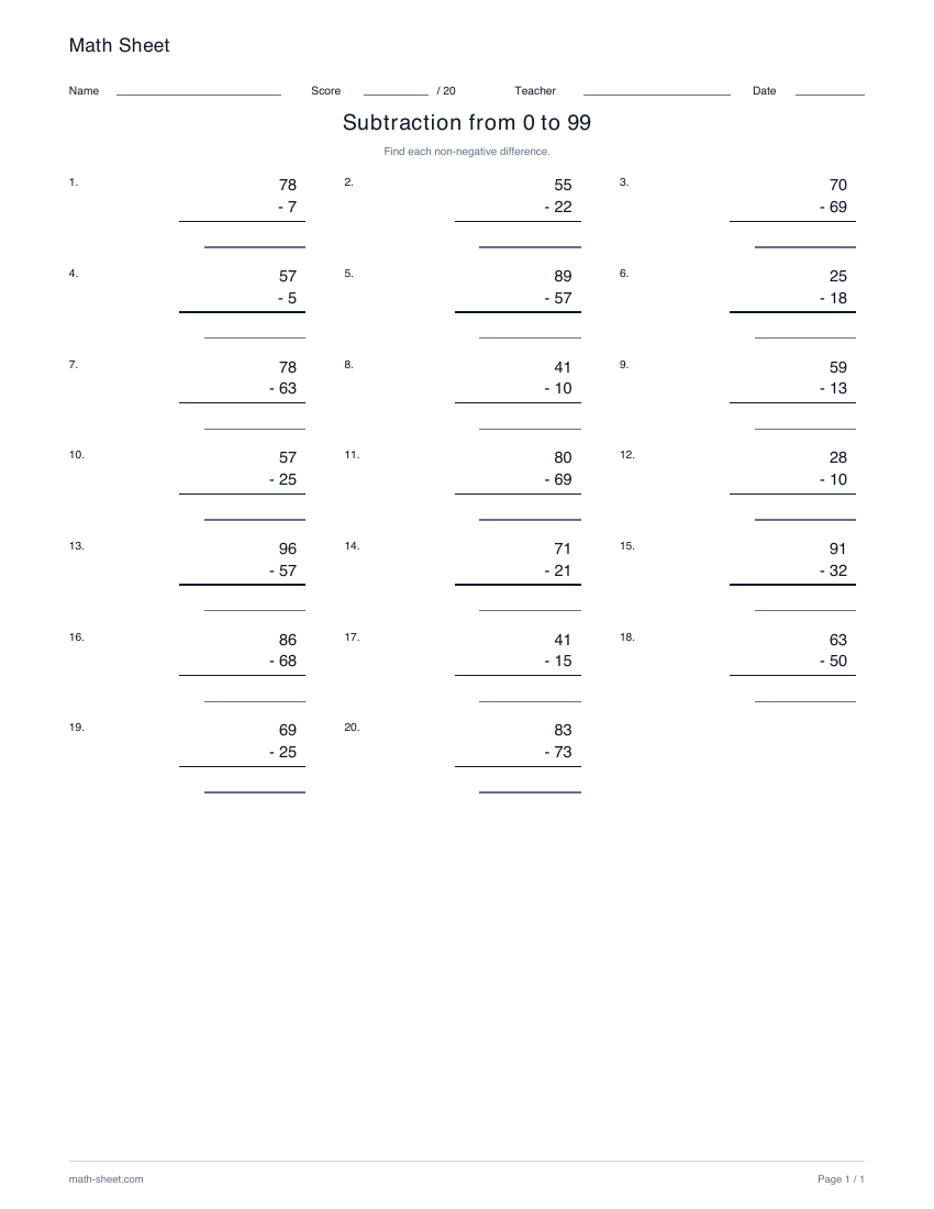 Printable subtraction from 0 to 99 worksheet preview