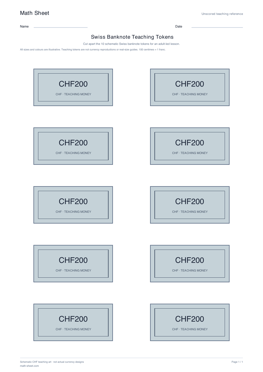 Printable swiss banknote teaching tokens worksheet preview