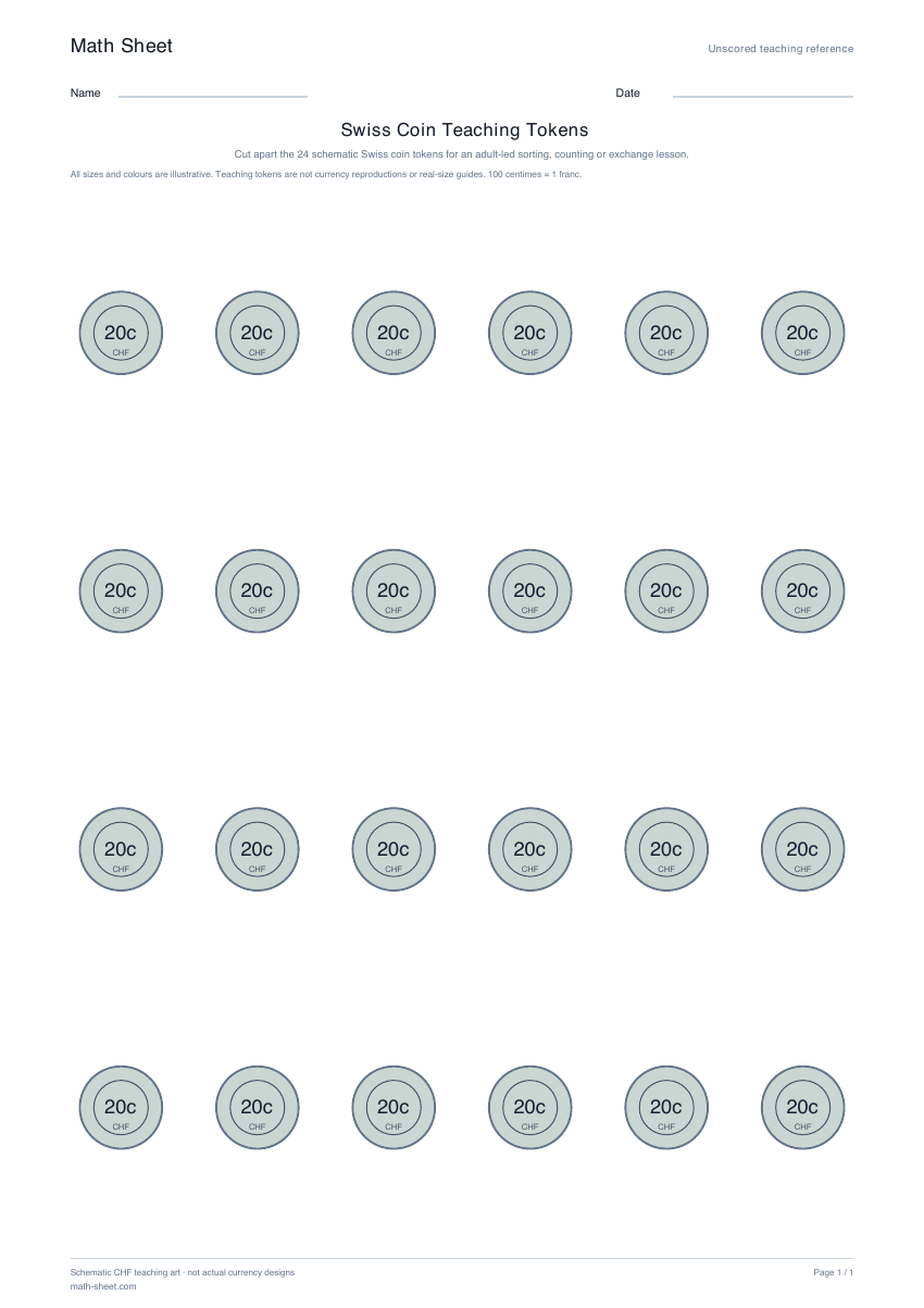 Printable swiss coin teaching tokens worksheet preview