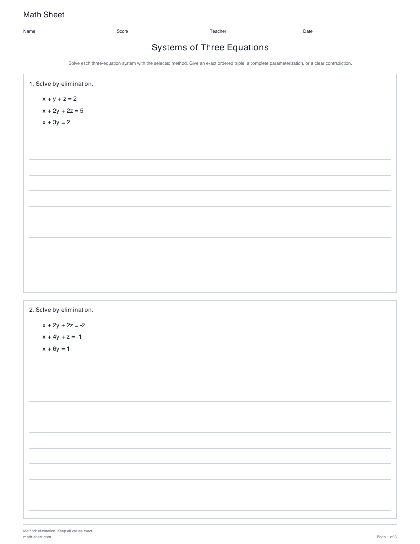 First page preview: Systems of Three Equations worksheets