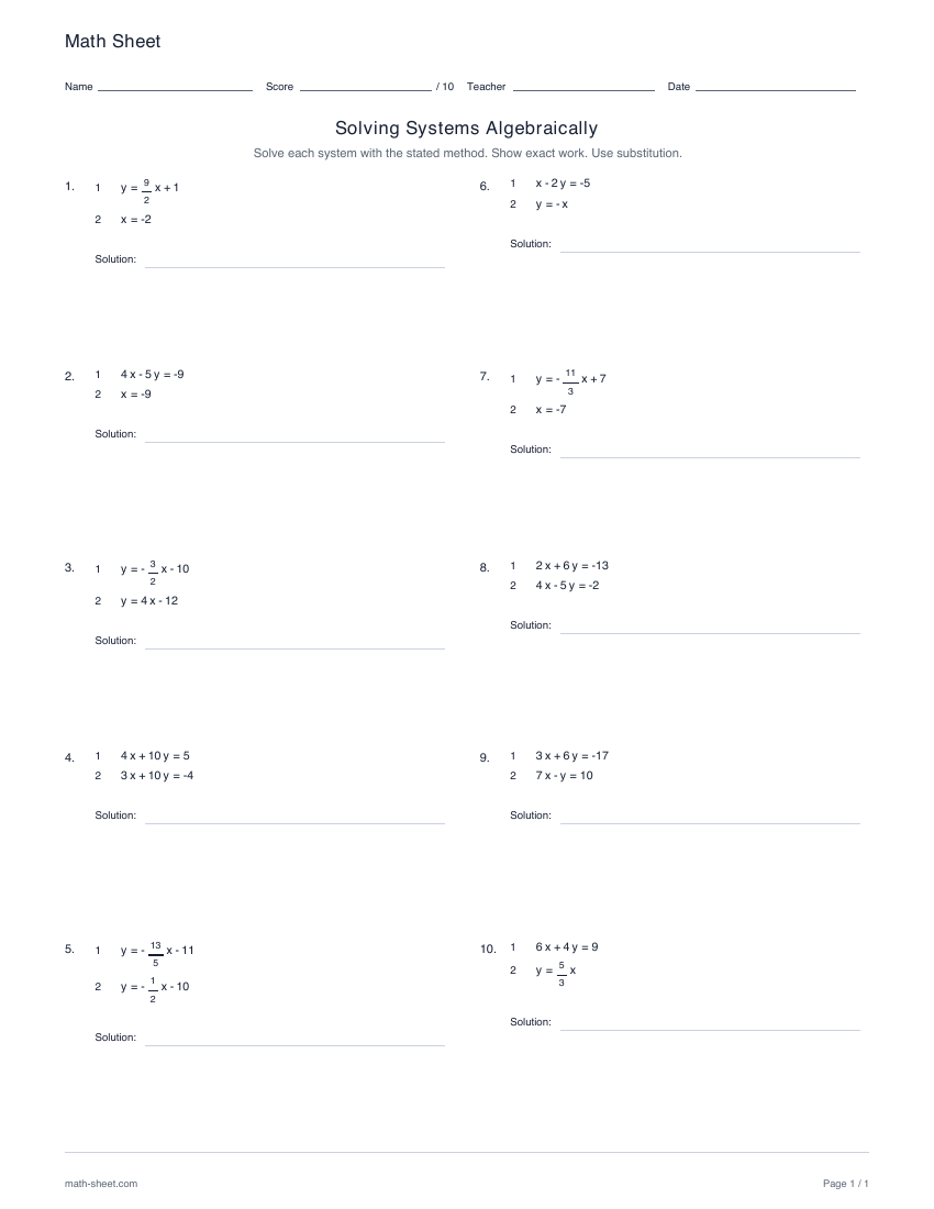 First page preview: Solving systems of equations worksheets
