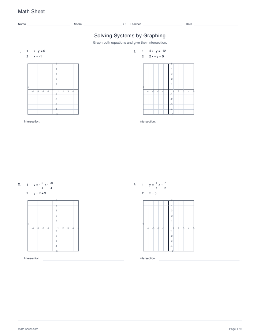First page preview: Solving systems by graphing worksheets