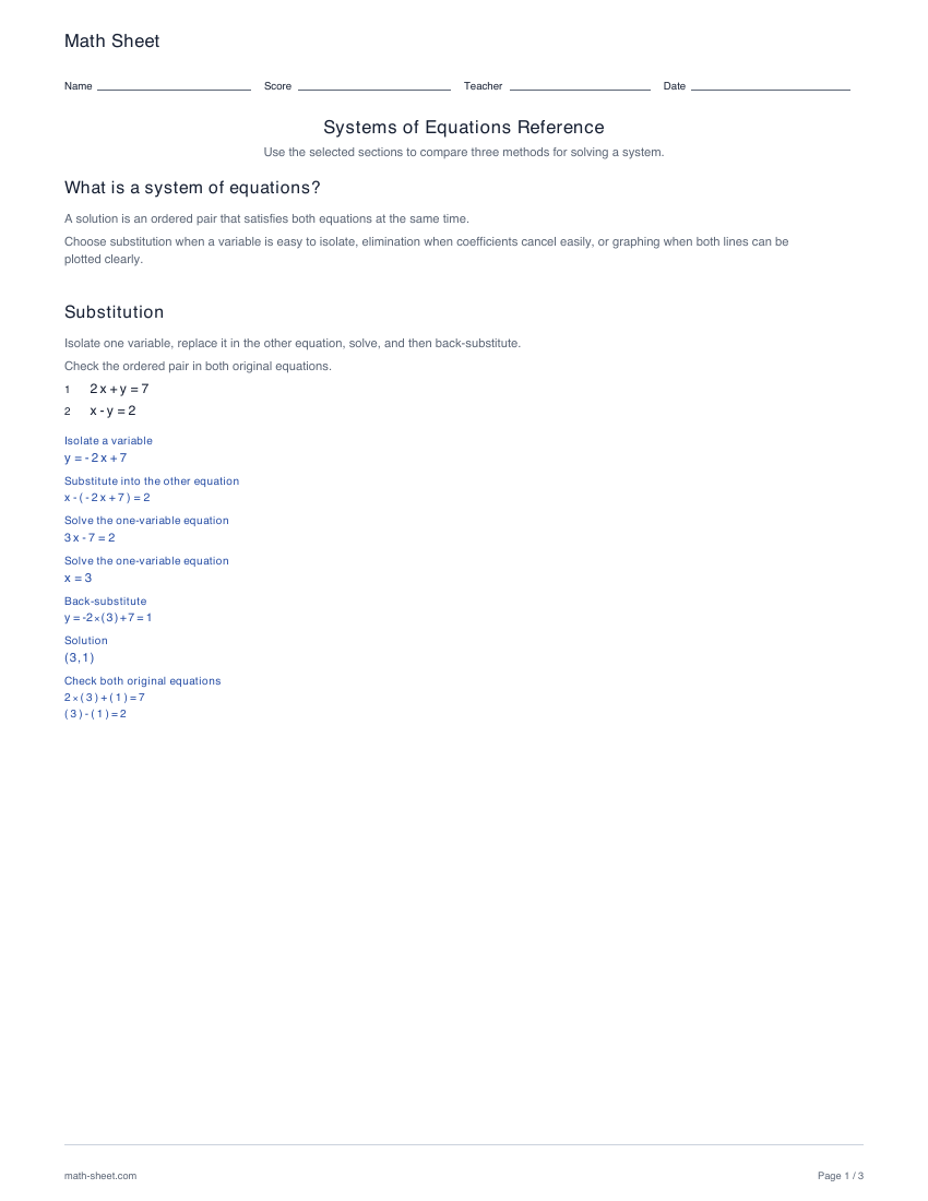 First page preview: Systems of equations methods handout