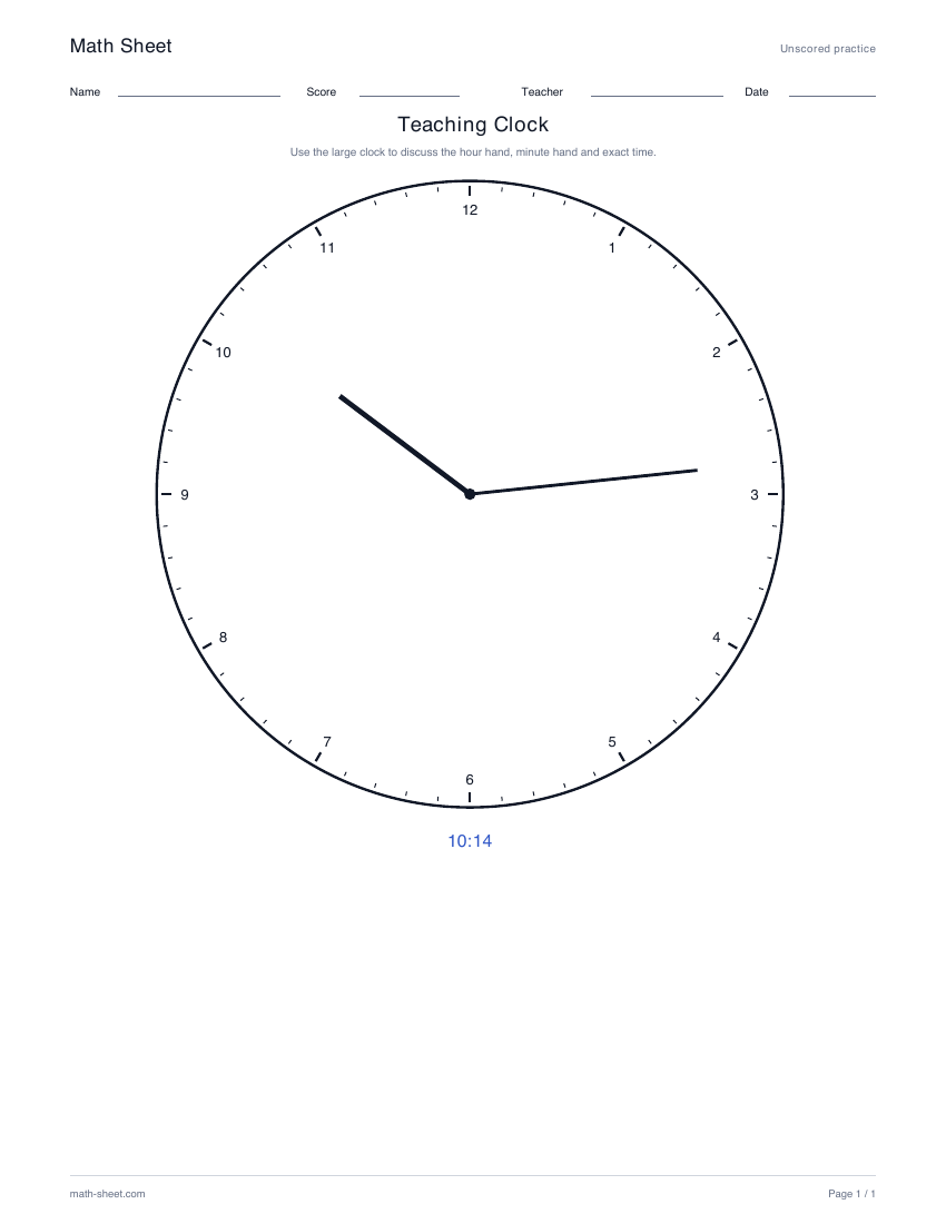 Printable teaching clock reference worksheet preview