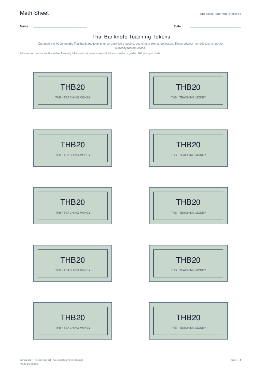 Printable thai banknote teaching tokens worksheet preview