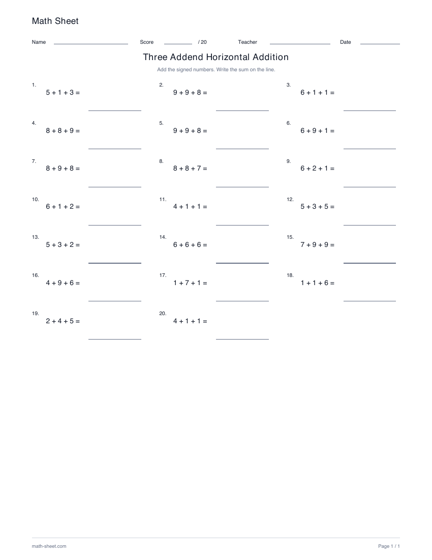 Printable three-addend horizontal addition worksheet preview