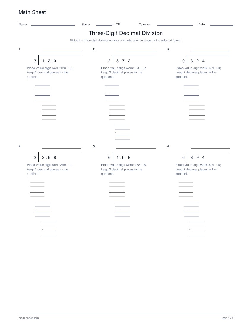 Printable three-digit decimal division worksheet preview