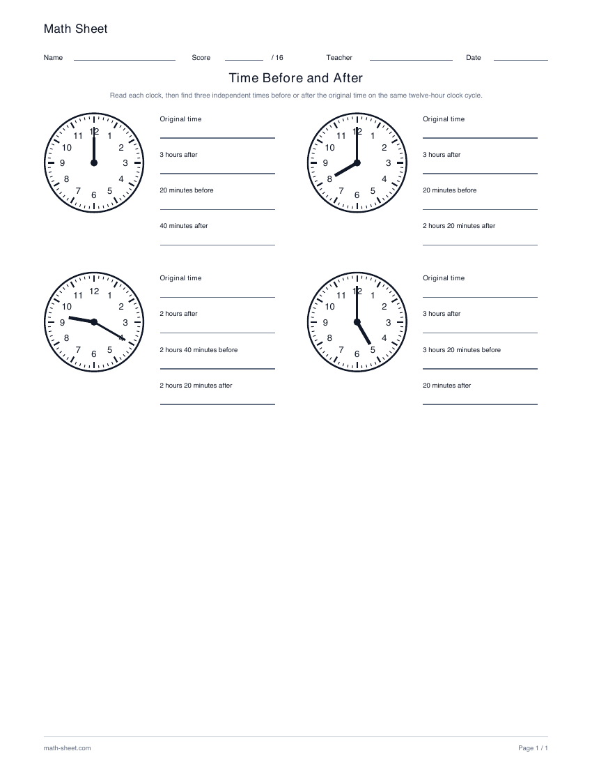 Printable time before and after a clock worksheet preview