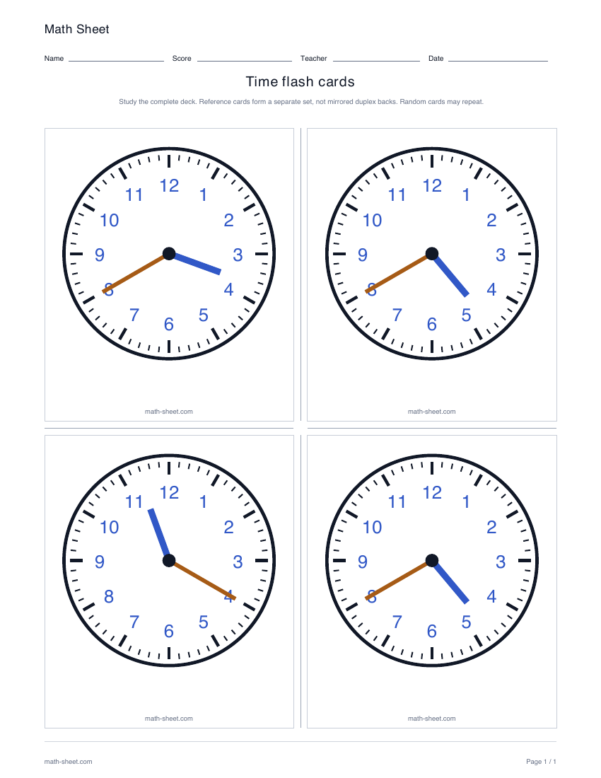 Printable analog time flash cards worksheet preview