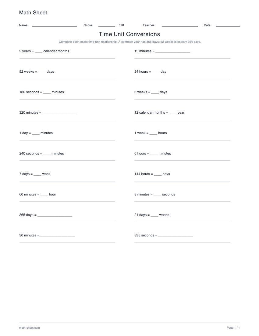 Printable convert time units worksheet preview