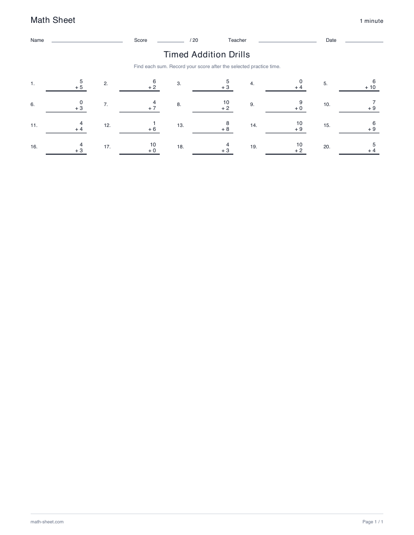 Printable timed addition drills worksheet preview