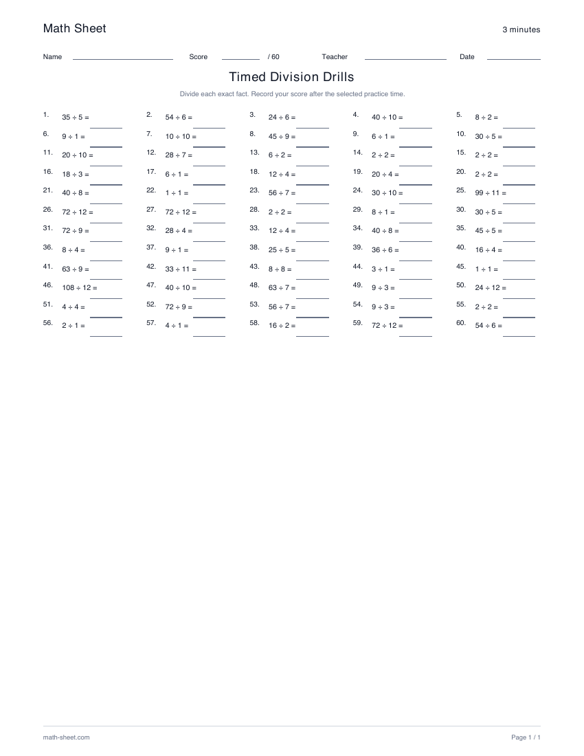 Printable timed division drills worksheet preview