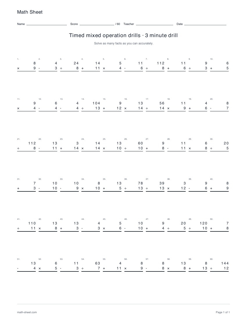 Printable timed mixed operation drills worksheet preview