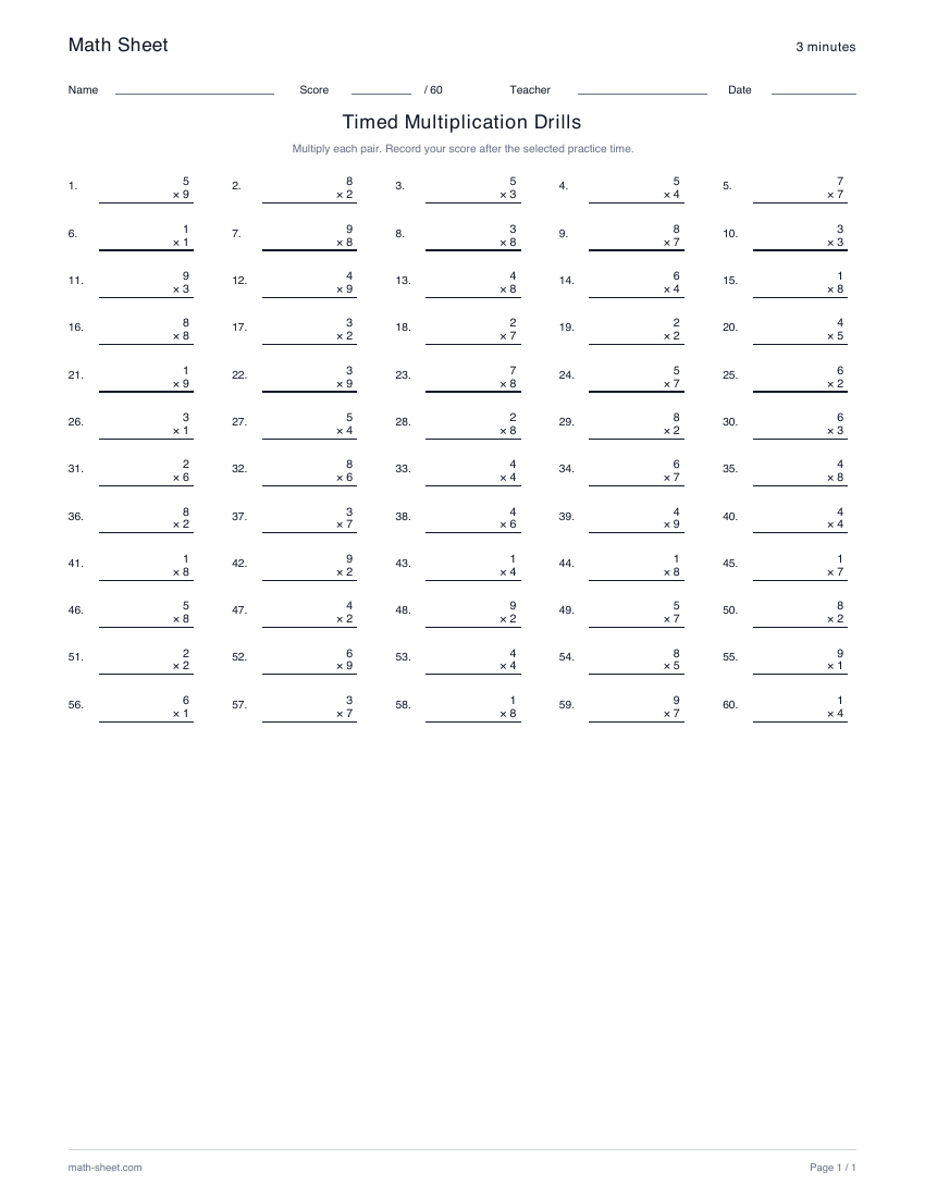 Printable timed multiplication drills worksheet preview