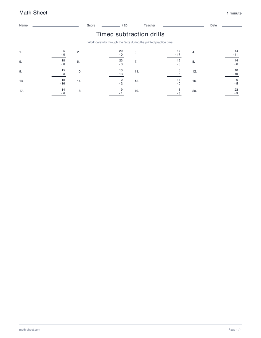 Printable timed subtraction drills worksheet preview