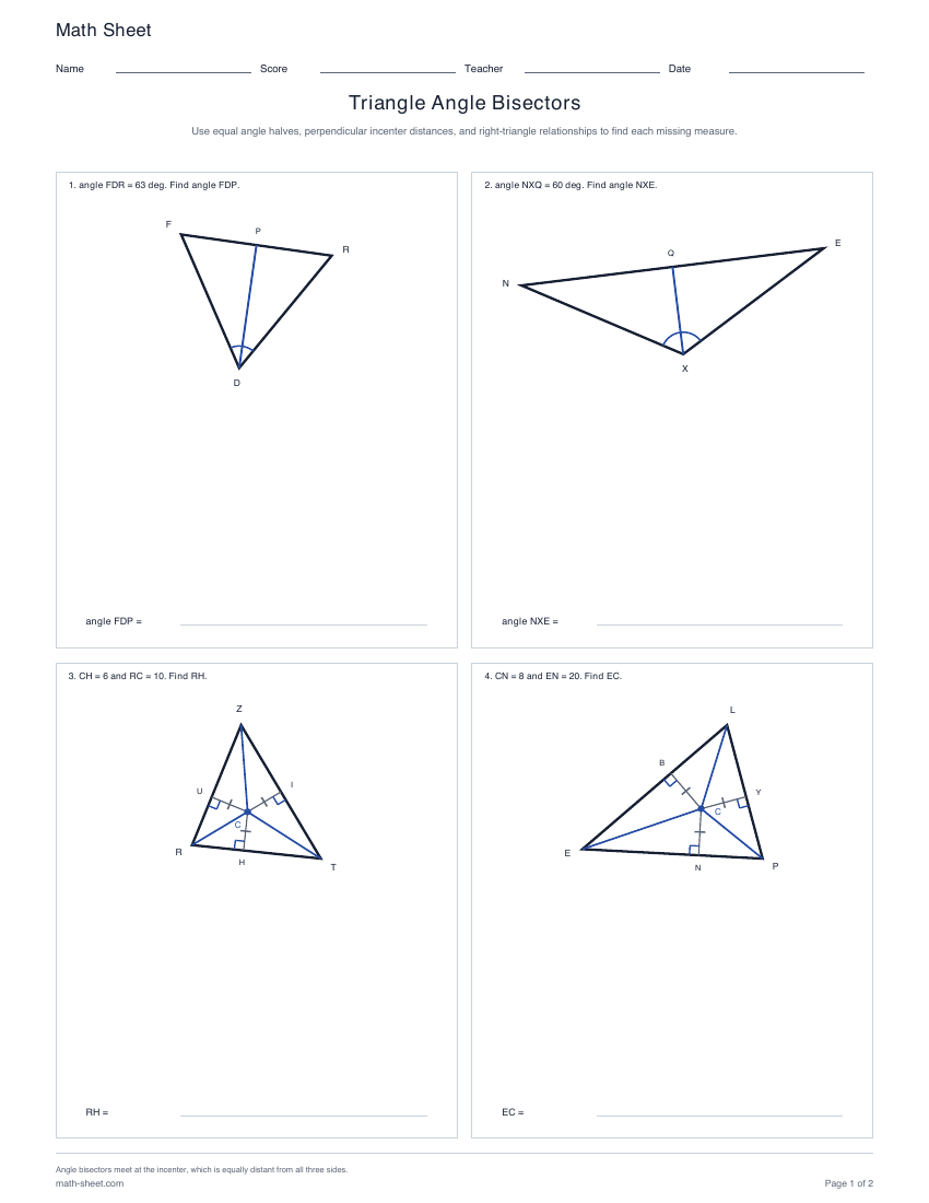 First page preview: Triangle Angle Bisectors Worksheets