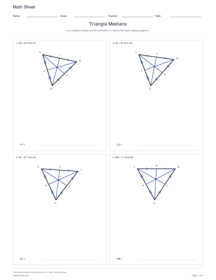First page preview: Triangle Medians Worksheets