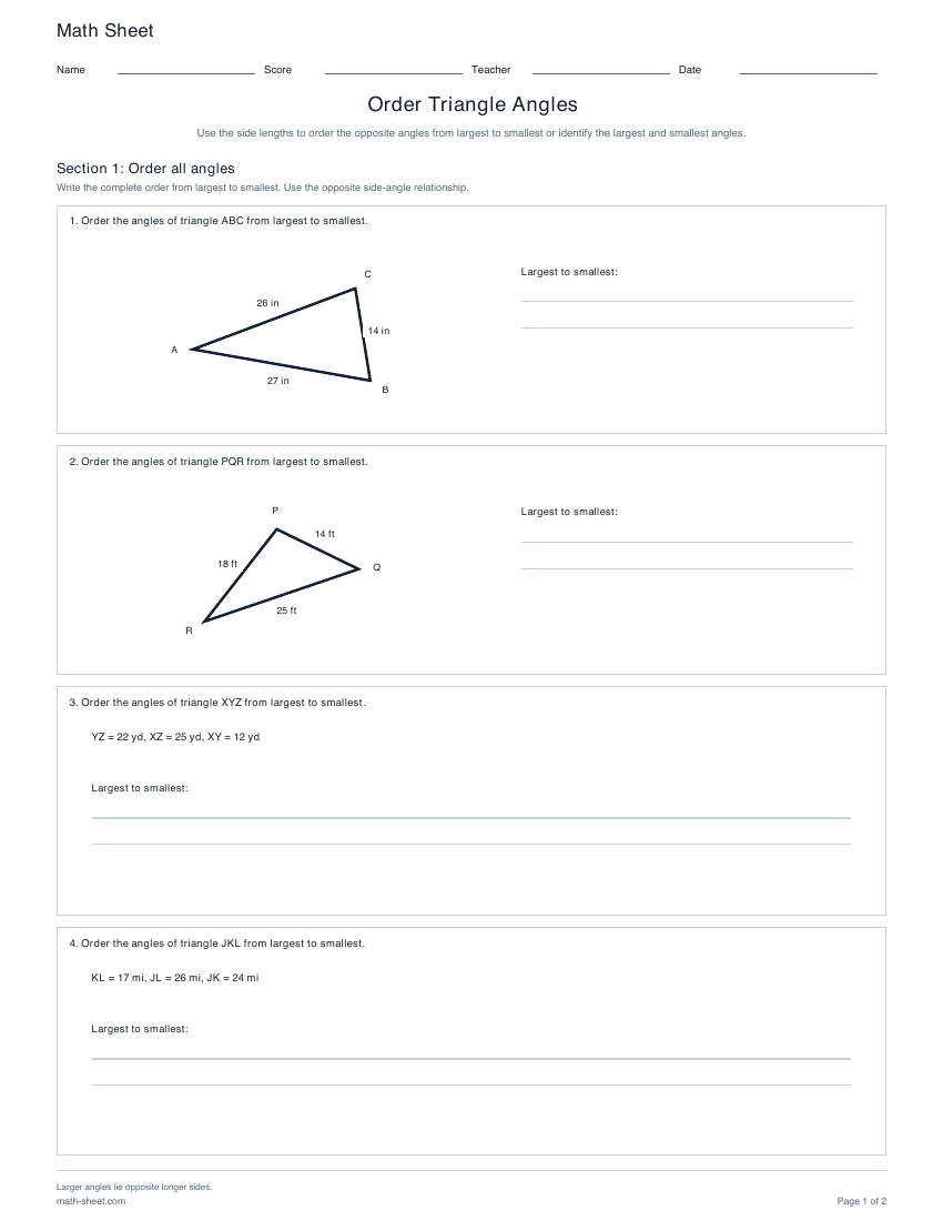 First page preview: Order Triangle Angles Worksheets