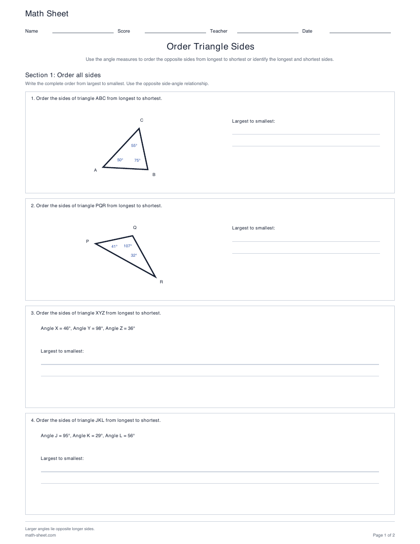 First page preview: Order Triangle Sides Worksheets
