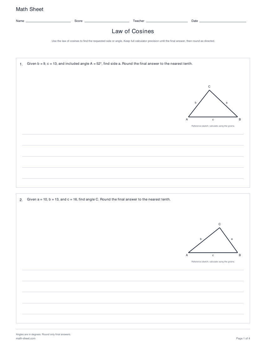 Printable law of cosines worksheets preview