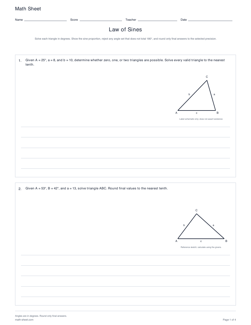 Printable law of sines worksheets preview