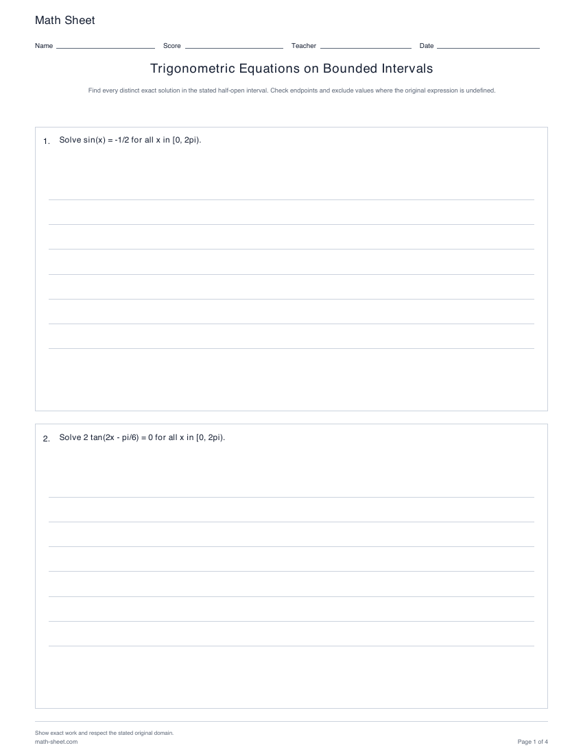 Printable trigonometric equations on bounded intervals worksheets preview