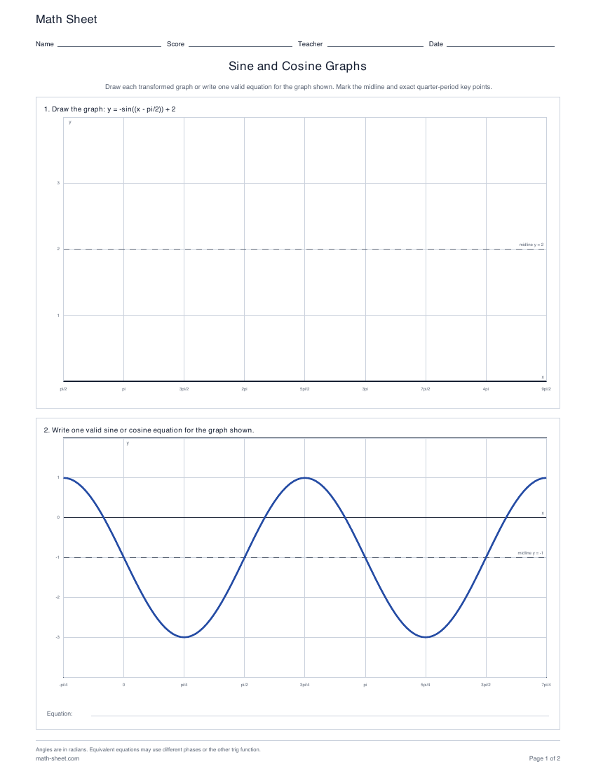First page preview: Sine and Cosine Graphs worksheets