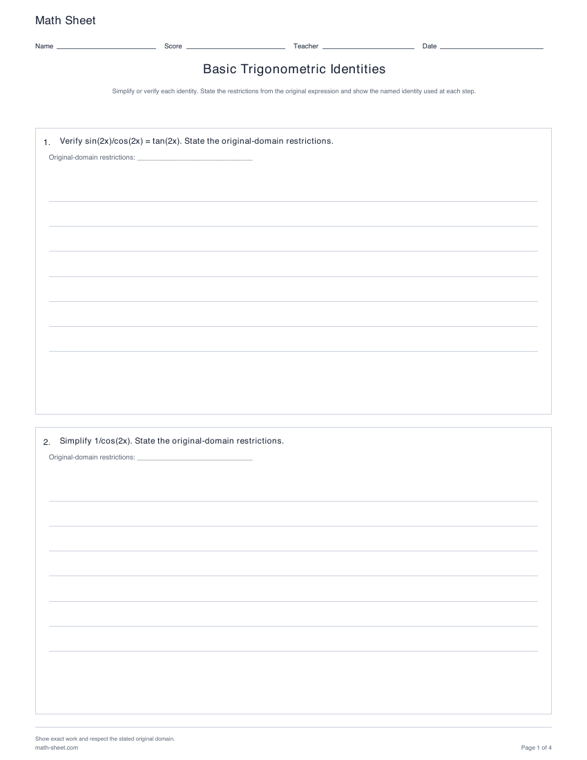 Printable basic trigonometric identities worksheets preview
