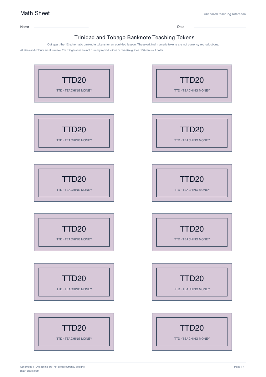 Printable trinidad and tobago banknote teaching tokens worksheet preview
