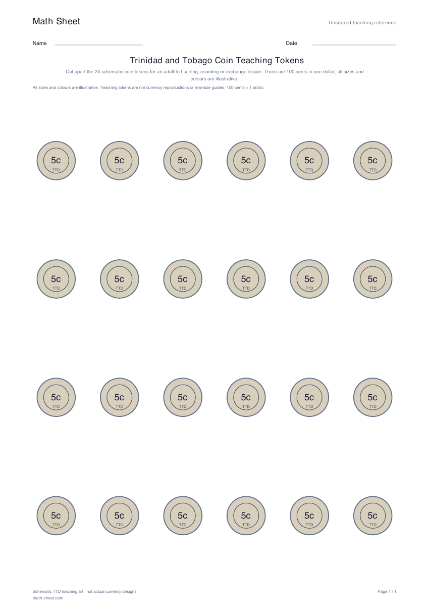 Printable trinidad and tobago coin teaching tokens worksheet preview