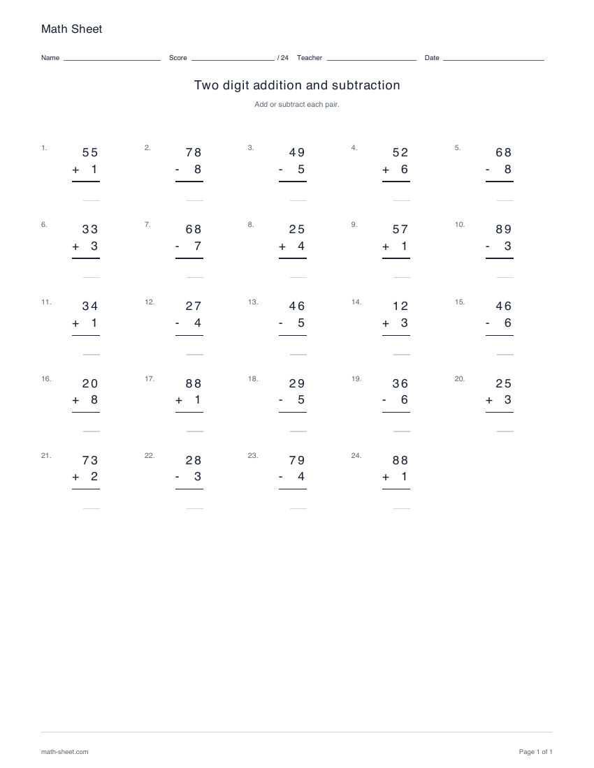 Printable two digit addition and subtraction worksheet preview