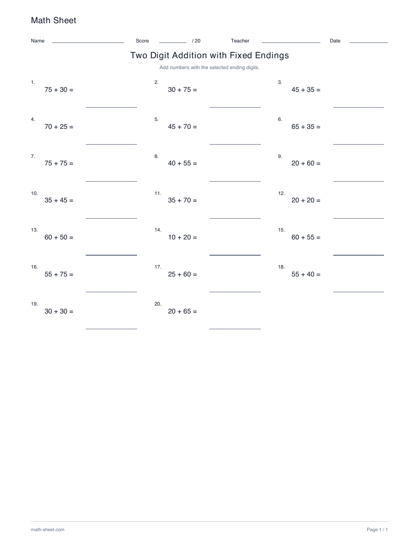 Printable two-digit addition with fixed endings worksheet preview