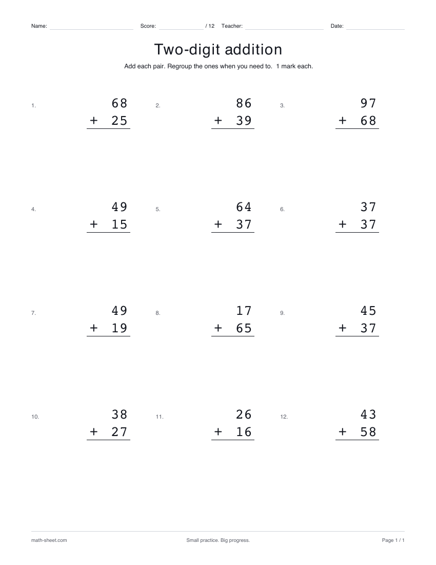 Preview of the Two-digit addition with regrouping printable worksheet