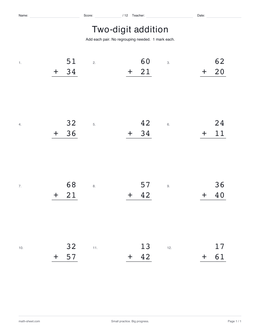 Preview of the Two-digit addition without regrouping printable worksheet