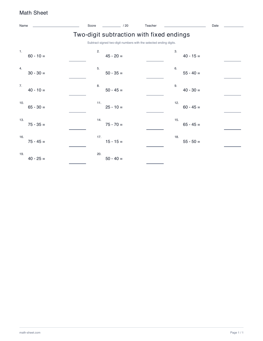 Printable two-digit subtraction with fixed endings worksheet preview