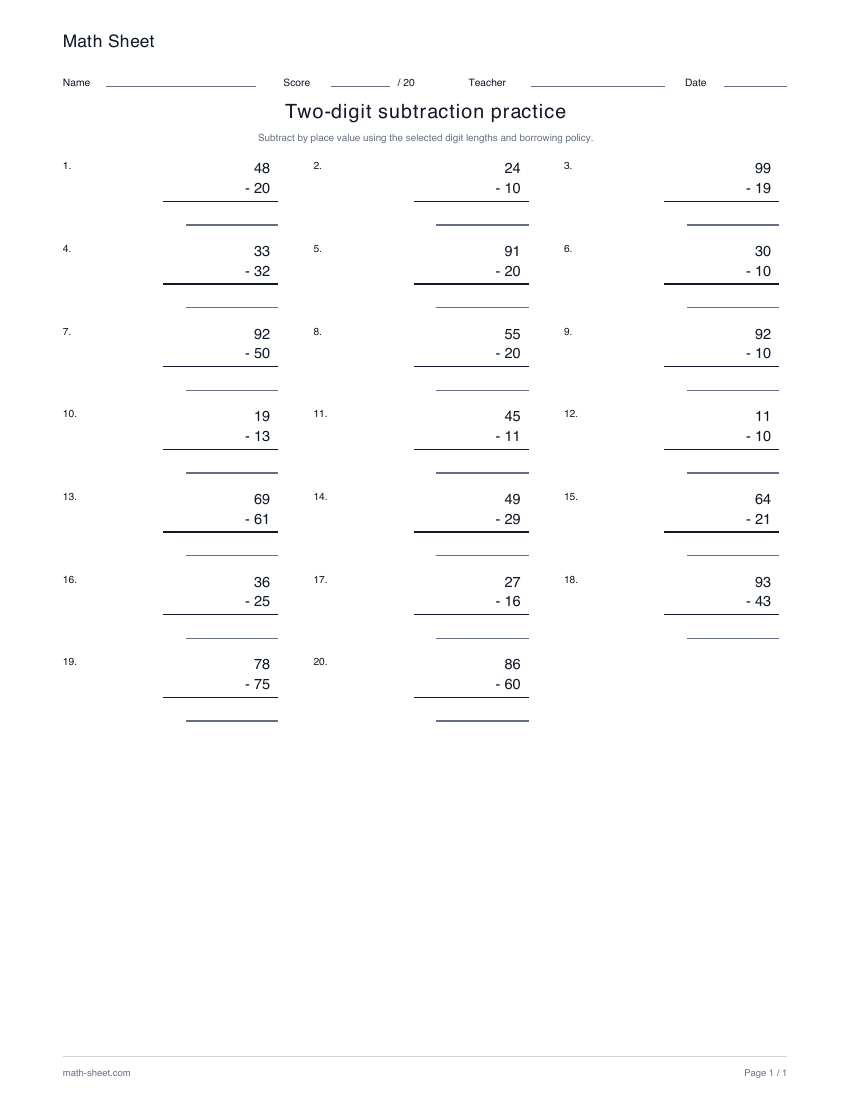 Printable two-digit subtraction without regrouping worksheet preview